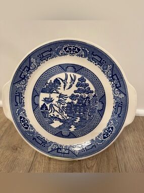 Vtg. Royal China Blue Willow Ware Blue & White Cake Plate With Handles